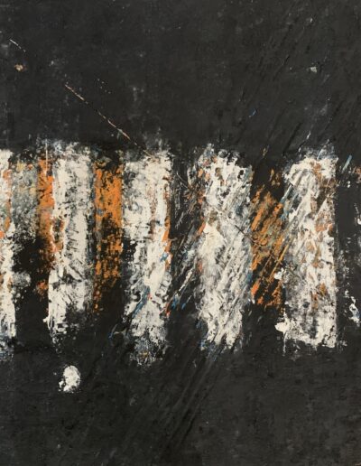 Road Work Series #10 Abstract oil and cold wax painting 6x6 on wood panel. Painting depicts black and white vertical lines and layers over colored background. Artist uses various scratches and marks to show the under layers of the painting.