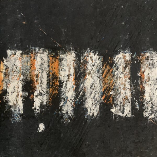 Road Work Series #10 Abstract oil and cold wax painting 6x6 on wood panel. Painting depicts black and white vertical lines and layers over colored background. Artist uses various scratches and marks to show the under layers of the painting.