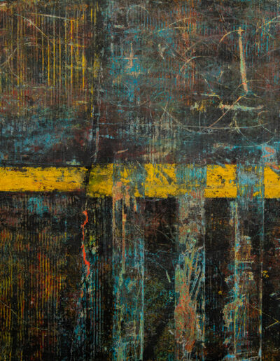 Road Work Series #13, 16x16 Abstract oil and cold wax painting on wood panel. Painting depicts vertical and horizontal lines and layers over multicolored background. Artist uses various scratches and marks to show texture and the under layers of the painting.