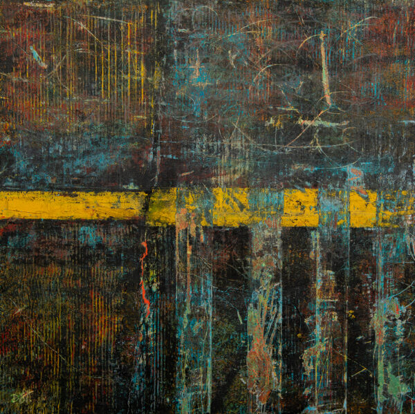 Road Work Series #13, 16x16 Abstract oil and cold wax painting on wood panel. Painting depicts vertical and horizontal lines and layers over multicolored background. Artist uses various scratches and marks to show texture and the under layers of the painting.