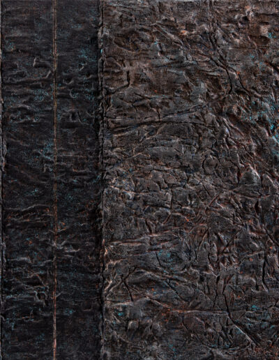 Road Work Series #6 Abstract oil and cold wax painting on 16X16 wood panel. Painting depicts black top layer with vertical lines over colored under layer. Artist uses various scratches to show the under layers in the texture of the painting.