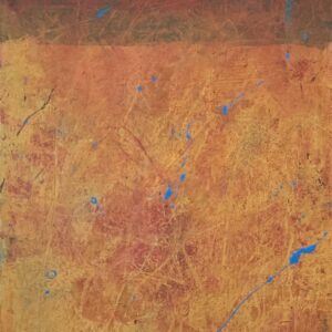 Red, Orange and Blue colored abstract art. Painting is an unbalanced block painting rich with texture and bright colors.
