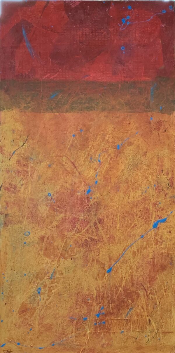 Red, Orange and Blue colored abstract art. Painting is an unbalanced block painting rich with texture and bright colors.