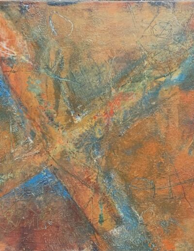 Colorful cruciform abstract painting. Artist uses layers of blue, orange and red to create various unique patterns and texture that can be felt through the overlaying of various paint layers.