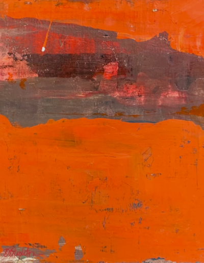Orange and Red colored abstract art. Painting uses various visual layers to display unique shapes and textured layers.
