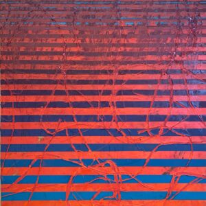 String Theory Series #6, Abstract oil and cold wax painting on wood panel. Painting depicts gradient blue and red orange horizontal and free form lines and layers.