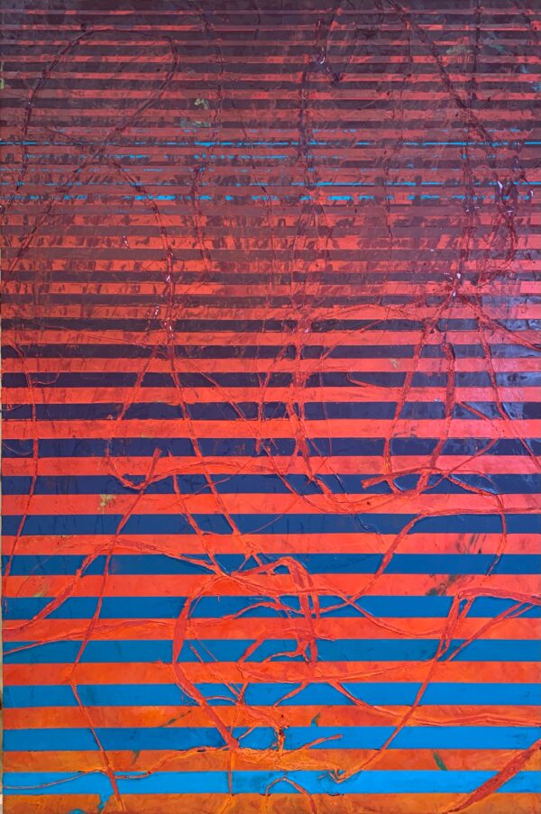 String Theory Series #6, Abstract oil and cold wax painting on wood panel. Painting depicts gradient blue and red orange horizontal and free form lines and layers.
