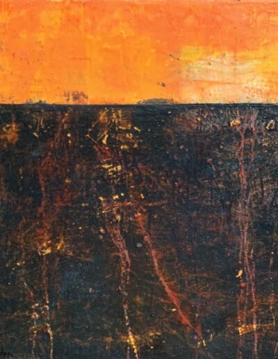 Yellow Orange and Black colored abstract art. Painting is an unbalanced block painting rich with texture and bright color.