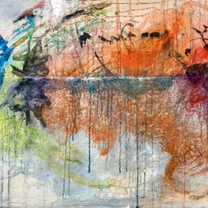 Colorful abstract painting in landscape orientation. Painting includes various layered colors, marks and drips.